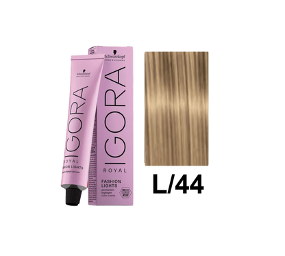 Tinte Schwarzkopf Igora Royal color L.44 en frasco, con tono rubio claro y acabado brillante para cabello.