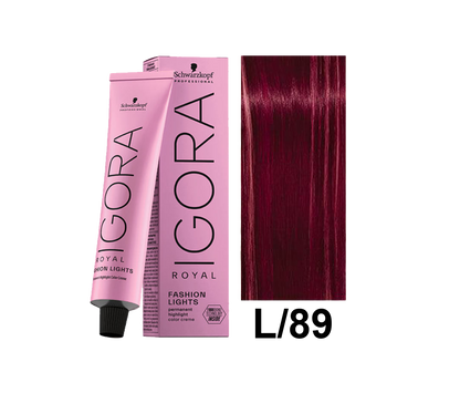 Tinte Schwarzkopf Igora Royal en tono L.89, caja con productos para color de cabello, presentación del tinte para cabello.