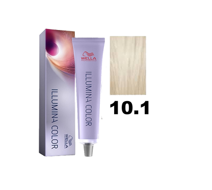 Tintura Wella Illumina Color en caja, muestra el envase con el producto para cabello en tono 10.1 rubio muy claro.