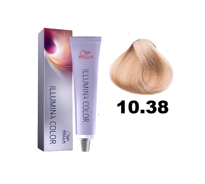 Tinte de cabello Illumina Color de Wella en tono 10.38, color rubio dorado con reflejos naturales, en botella.