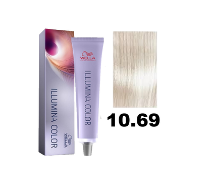 Tinte de cabello Wella Illumina Color en tono 10.69, producto para coloración brillante y natural en cabello rubio.