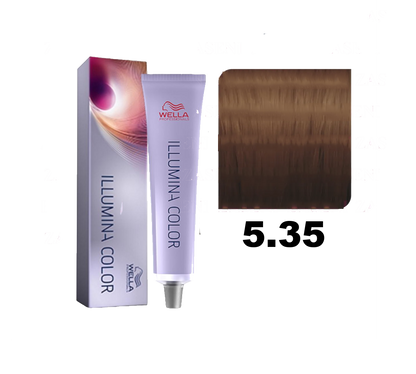 Tinte Wella Illumina Color en tono 5.35, color rubio dorado con acabado brillante y natural, en tubo de tintura para cabello