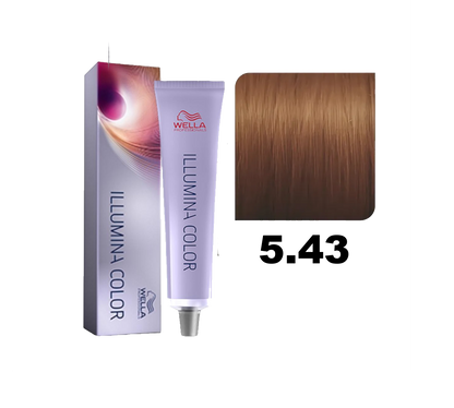 Tinte Wella Illumina Color en tono 5.43, color vibrante y luminoso para cabello saludable y brillante.