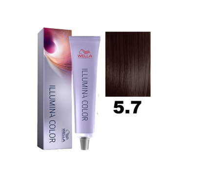 Tinte Wella Illumina Color en tono 5.7, color brillante y natural para cabello, con acabado luminoso y saludable.