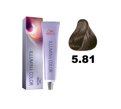 Tinte de color Wella Illumina Color en tono 5.81, muestra el frasco con color rubio dorado y acabado brillante.