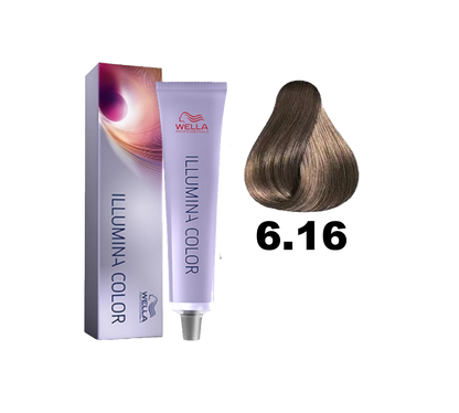 Tinte Illumina Color de Wella en tono 6.16, color vibrante y brillante para el cabello, con envase y etiqueta visibles.