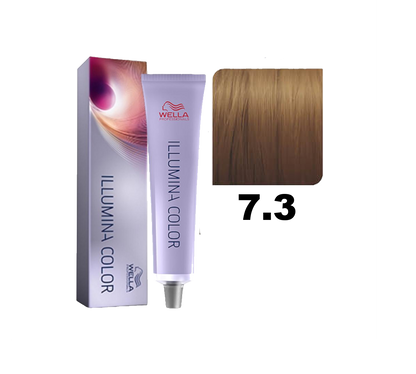 Tinte Illumina Color de Wella en tono 7.3, mostrando la caja y el color rubio dorado en la imagen.