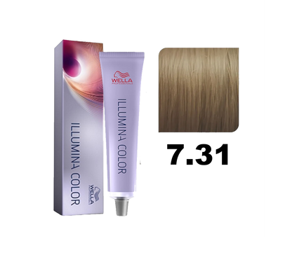 Tinte Wella Illumina Color 7.31 en tubo, acabado brillante y natural, con tonos rubios dorados y reflejos luminosos.