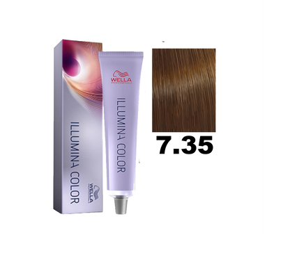 Tinte para cabello Wella Illumina Color en tono 7.35, color rubio oscuro con reflejos naturales, en envase de la marca Wella