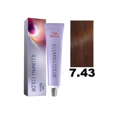 Tinte Wella Illumina Color en tono 7.43 con acabado brillante y natural, visible en la imagen del envase.