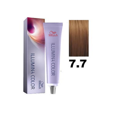 Tinción de cabello Illumina Color de Wella en tono 7.7, muestra el frasco de la tintura y el color rubio oscuro brillante