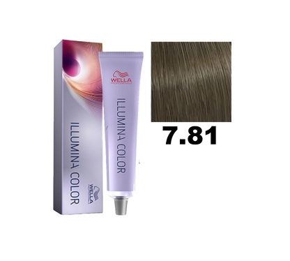 Tinte para cabello Wella Illumina Color en tono 7.81, muestra el frasco y el color rubio dorado con reflejos naturales