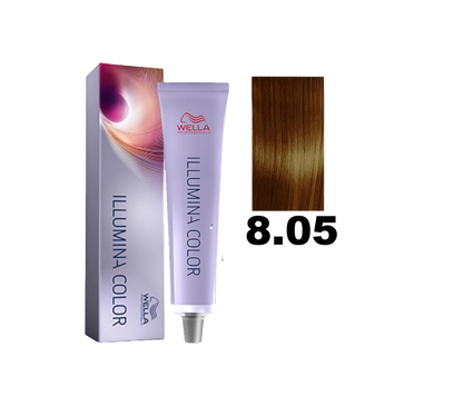Tinte Wella Illumina Color en tono 8.05, fórmula de color brillante y natural para cabello saludable, muestra el envase.