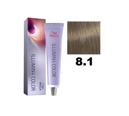 Tinte para cabello Illumina Color de Wella en tono 8.1, muestra el color rubio claro con reflejos naturales en el frasco.