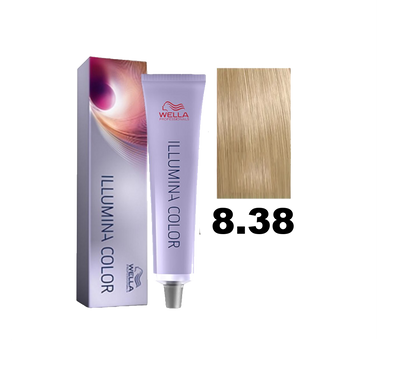 Tintura para cabello Wella Illumina Color en tono 8.38, color rubio dorado con reflejos cálidos, en envase.
