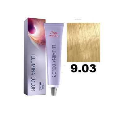 Tinte para cabello Wella Illumina Color en tono 9.03, acabado brillante y natural, visible en el frasco del producto.