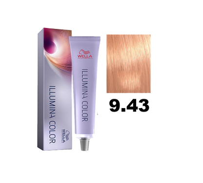 Tinte para cabello Wella Illumina Color en tono 9.43 con acabado brillante y natural, mostrando la botella y el color.