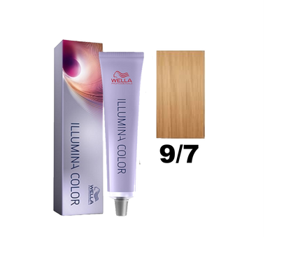Tinte Illumina Color de Wella en tono 9.7 con acabado brillante y natural, muestra el color rubio claro en un frasco.