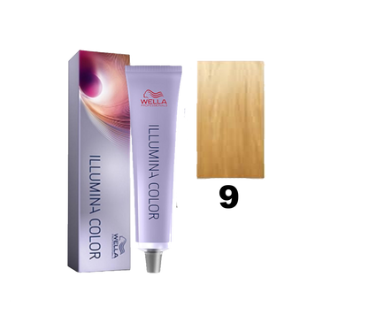 Tinte para cabello Illumina Color de Wella en tono 9, con acabado brillante y natural, en frasco de tintura de marca Wella.