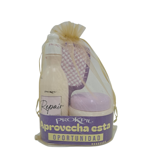Kit de reparación para cabello Prokpil con shampoo reparador, Bond Plex y cepillo para cuidado capilar.