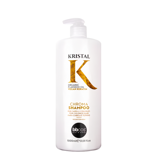 Champú BBCOS Kristal Chroma para protección del color, botella de 1000 ml con fórmula suave y nutritiva para cabello tratado.