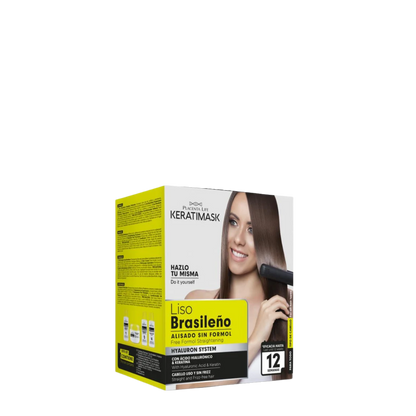 Kit de alisado liso brasileño Keratimask con productos de keratina y herramientas para un cabello sedoso y liso.