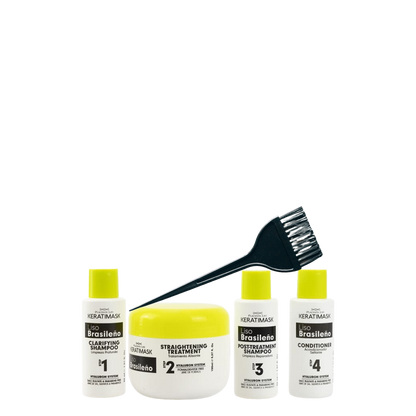 Kit de alisado liso brasileño Keratimask con productos de keratina para cabello sedoso y brillante.