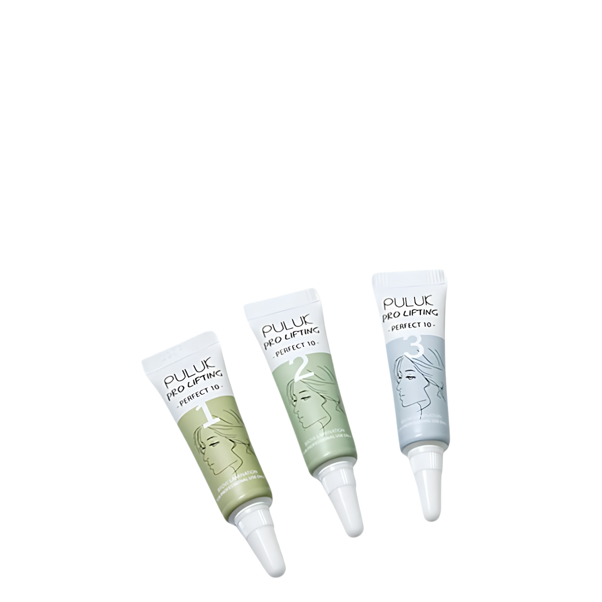 Kit trio en tubo para laminado de cejas Brow Lamination Puluk Pro Lifting Perfect 10 pasos 1 2 y 3