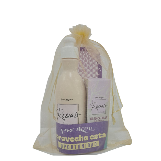 Kit Prokpil reparación con tratamiento, aceite de 60ml y cepillo para cuidado capilar.