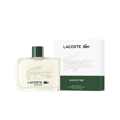 Perfume Lacoste Booster para hombre en frasco de 125 ml, envase elegante y moderno, muestra el diseño del perfume.