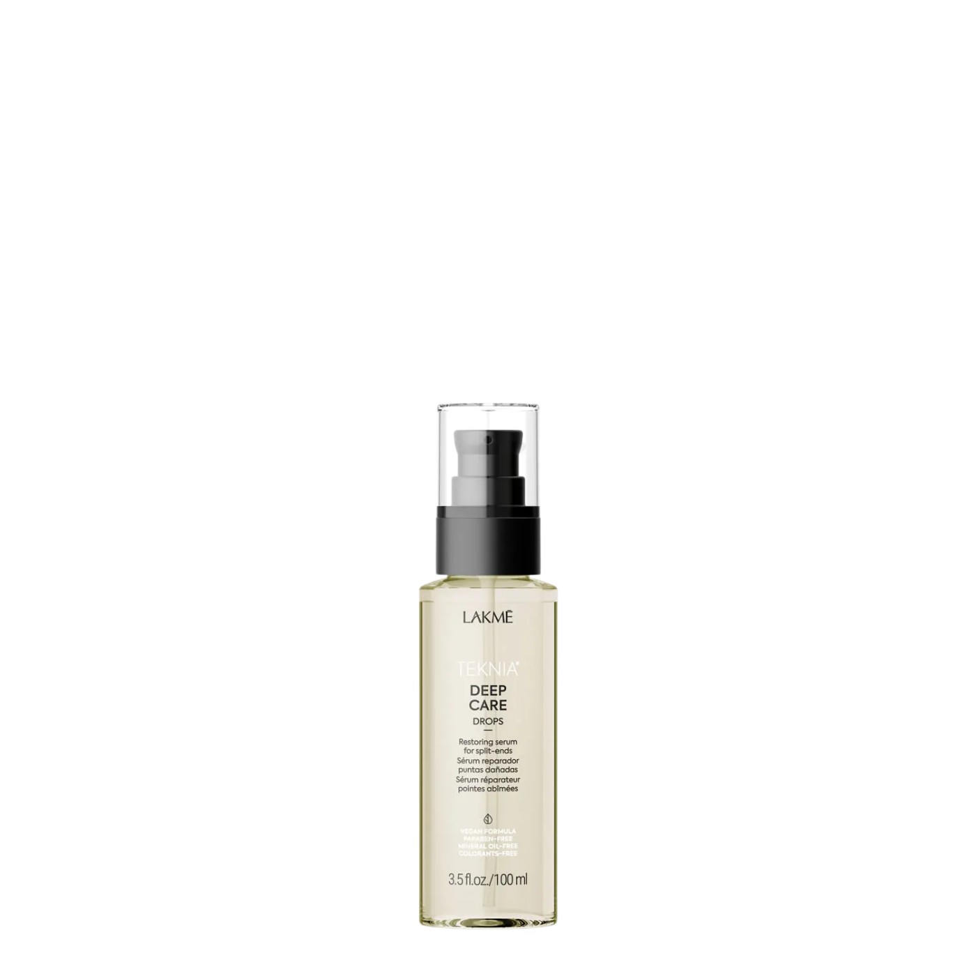 Aceite capilar Lakme Teknia Deep Care Serum, frasco de 100 ml con gotas para cuidado intensivo del cabello.
