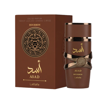 Perfume Lattafa Asad Bourbon EDP para hombre, frasco de 100 ml, con diseño elegante y moderno.