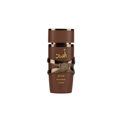 Perfume Lattafa Asad Bourbon EDP para hombre, frasco de 100 ml con diseño elegante y moderno.