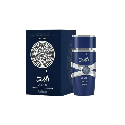 Perfume Lattafa Asad Zanzibar para hombre, frasco de 100 ml con diseño elegante y aroma masculino distintivo.
