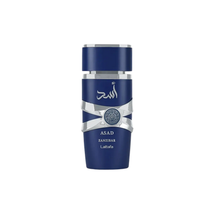 Perfume Lattafa Asad Zanzibar para hombre, frasco de 100 ml, con diseño elegante y detalles del producto en la imagen.