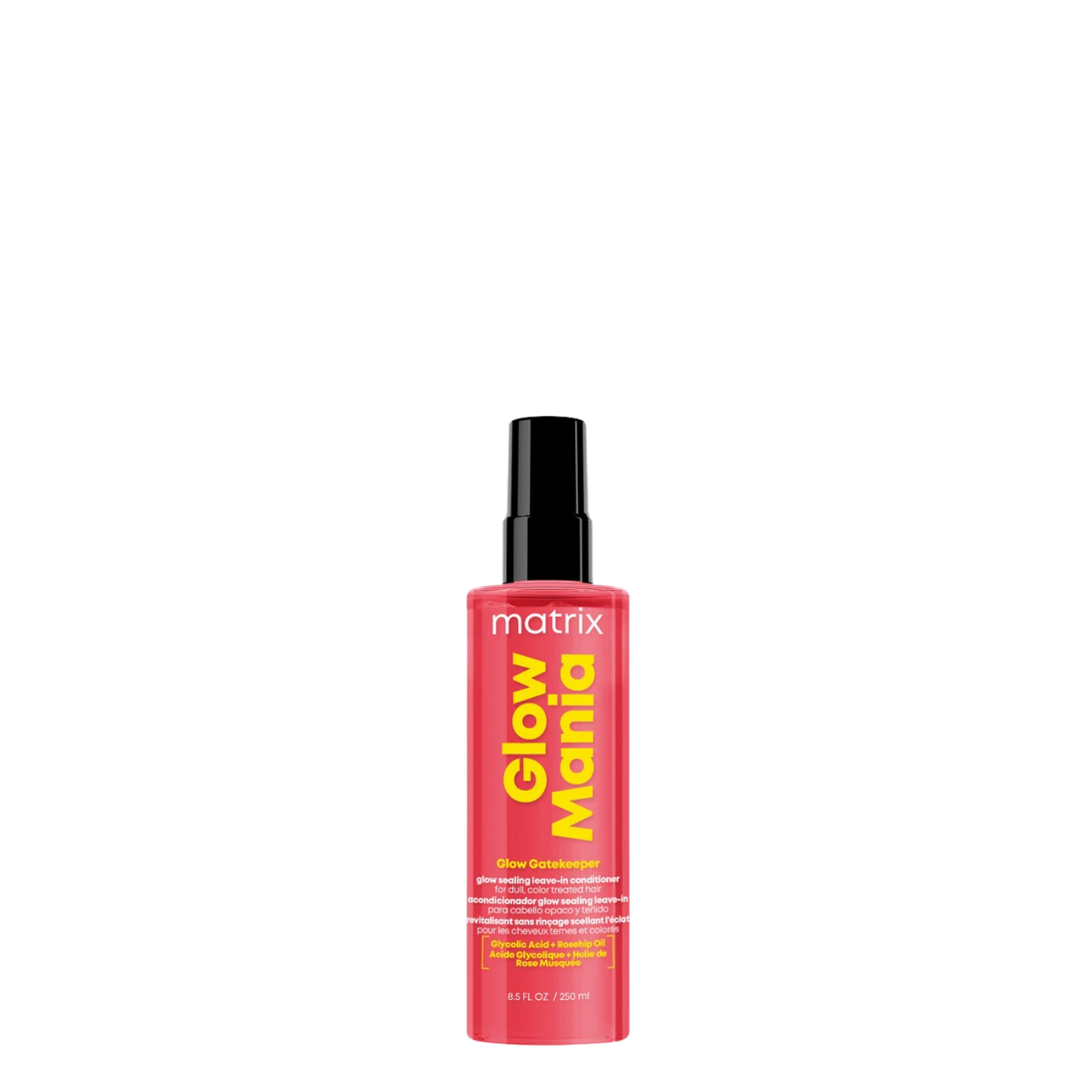 Crema de peinar leave-in Matrix Glow Mania para protección de color y brillo intenso en botella de 250 ml.