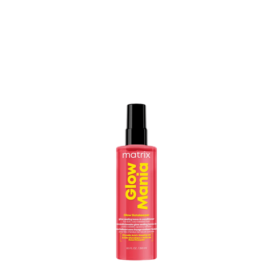 Crema de peinar leave-in Matrix Glow Mania para protección de color y brillo intenso en botella de 250 ml.