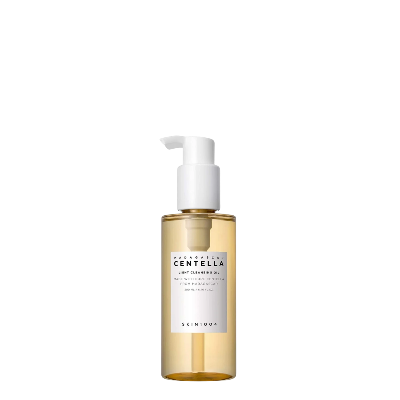 Botella transparente de 200 ml con bomba dosificadora del aceite limpiador facial Madagascar Centella Light Cleansing Oil de la marca coreana Skin1004, paso uno de la doble limpieza.