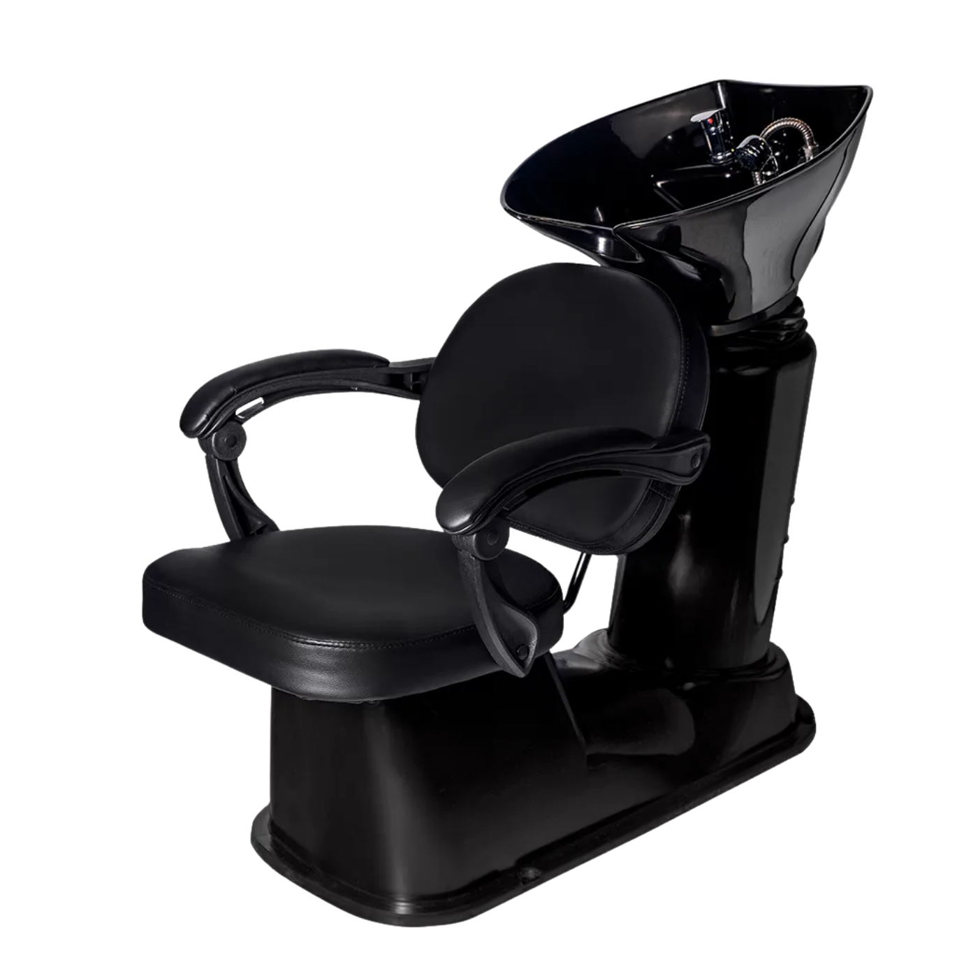 Lavapelo profesional para peluquería modelo B6081 de color negro con sillón ergonómico tapizado en cuerina y loza de cerámica basculante.