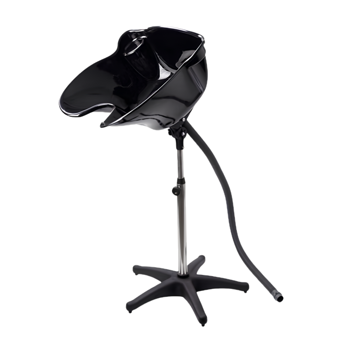 Lavapelo portátil profesional modelo T0172 con cuenco negro reclinable, pedestal cromado de altura regulable, manguera de desagüe y base en estrella.