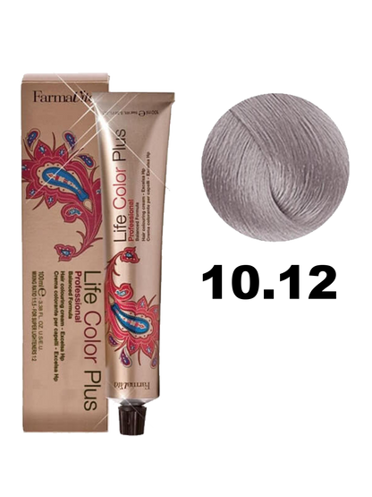 Tinte Life Color Plus de Farmavita en caja con tubo de color 10.12 para cabello rubio ceniza claro.