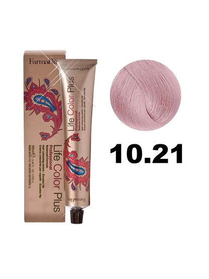 Tinte Farmavita Life Color Plus en tono 10.21, con coloración de cabello en botella con etiqueta visible.