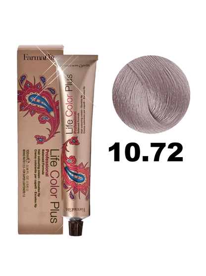 Tinte de cabello Farmavita Life Color Plus en tono 10.72, color rubio claro con reflejos dorados, en envase de tintura capilar