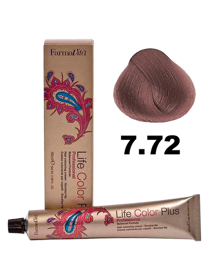 Tinte de cabello Farmavita Life Color Plus en tono 7.72, con frasco de tintura y etiqueta visible.