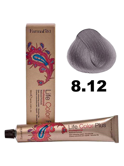 Tinte Farmavita Life Color Plus en tono 8.12, color rubio dorado claro, con envase y muestra del color en la imagen