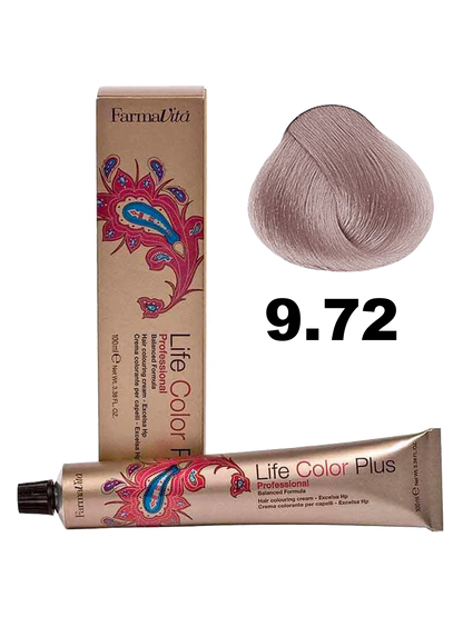 Tinte Farmavita Life Color Plus, tono 9.72, muestra el envase con color rubio claro dorado en la etiqueta