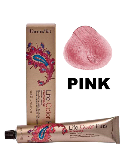 Tinte Farmavita Life Color Plus en tono rosa, muestra el frasco de tintura para cabello con color rosa brillante.