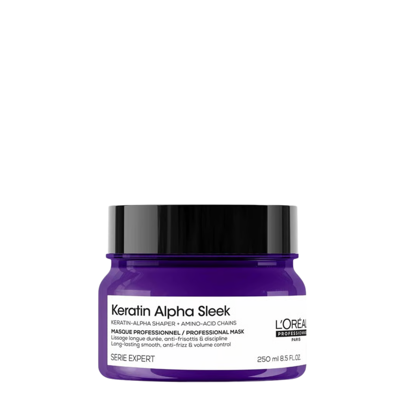 Pote de Máscara Alpha Sleek Keratin L'Oréal Professionnel de 250 ml, tratamiento capilar intensivo con queratina para el control del frizz y cabello liso.