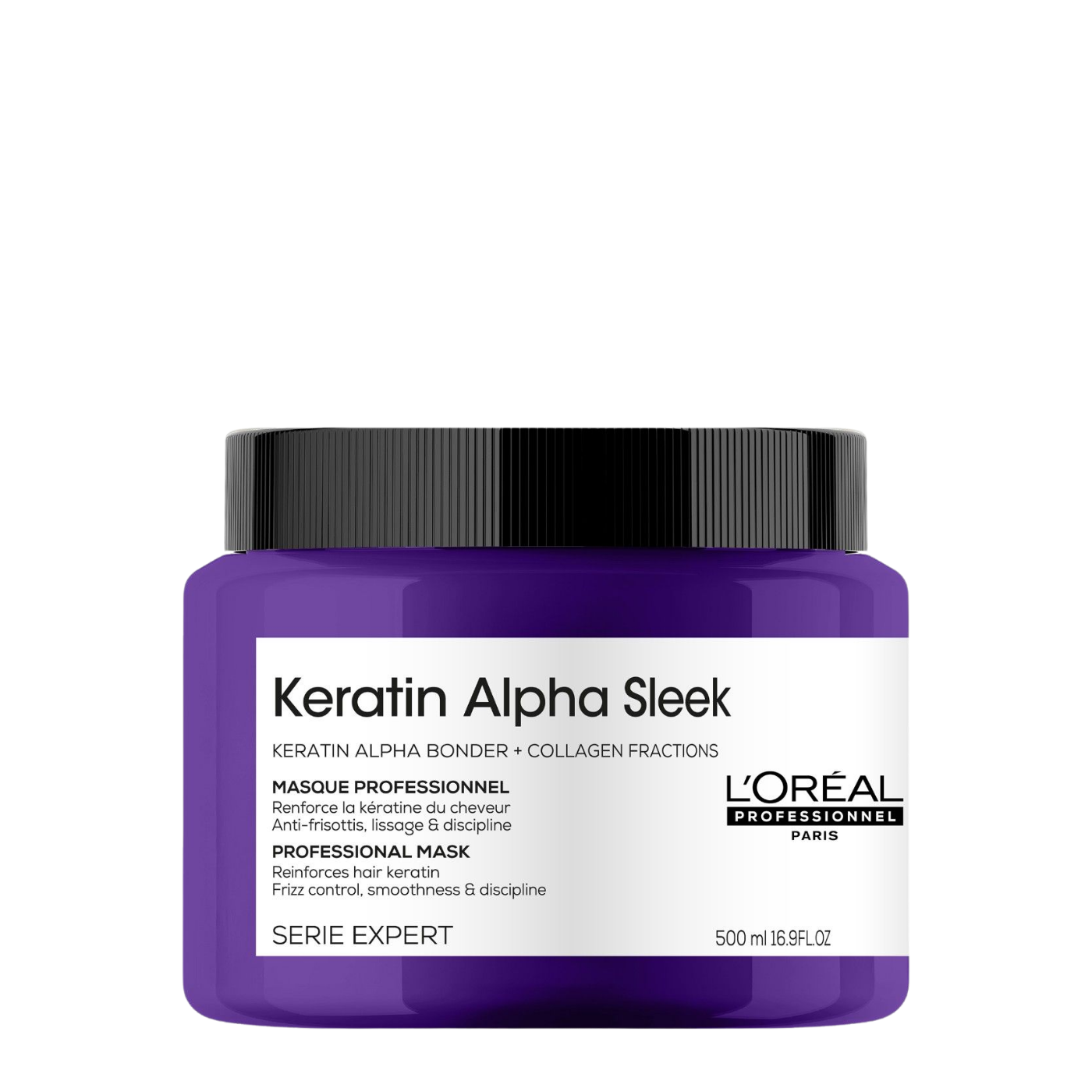 Máscara de tratamiento L'Oréal Professionnel Alpha Sleek Keratin en frasco de 500 ml, para alisar y fortalecer el cabello.