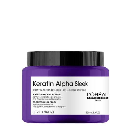 Máscara de tratamiento L'Oréal Professionnel Alpha Sleek Keratin en frasco de 500 ml, para alisar y fortalecer el cabello.